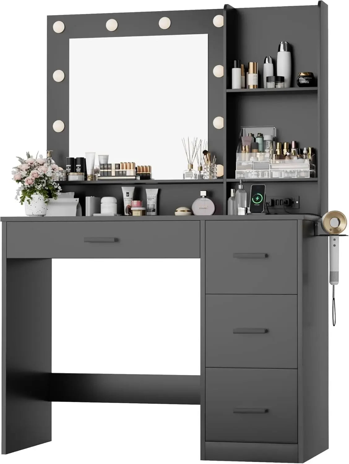 Vanity Desk with LED Lighted Mirror&Power Outlet, 39.3’’ Makeup Vanity Table with 4 Drawers and 3 Storage Shelves, Adjustable