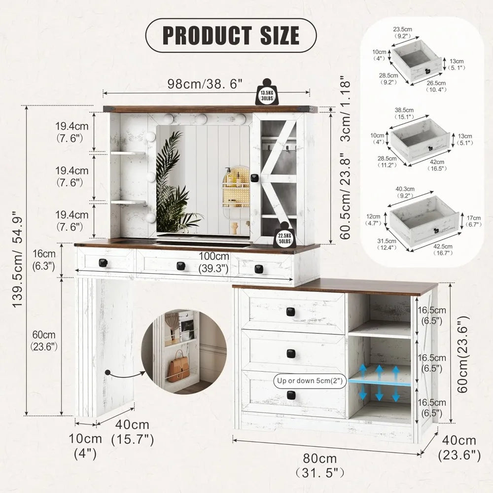 Vanity Desk with Mirror and Lights, Makeup Vanity Table with 6 Drawers/Large Storage,White Dressing Table 3 ColorsAdjustable