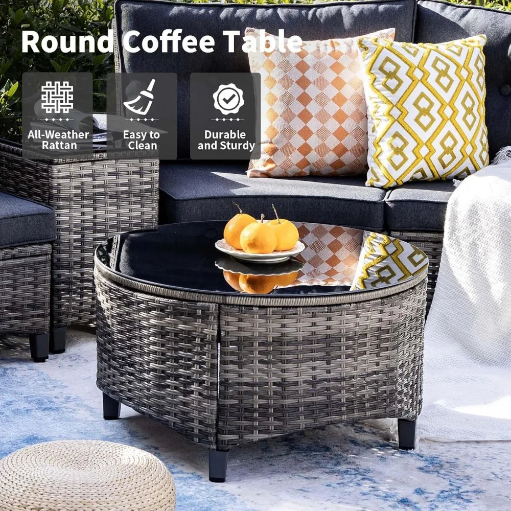 Outdoor Sofa Set, with Wood Armrests, Tempered Glass Round Coffee Table & Side Table, 6 Piece Outdoor Patio Furniture Set