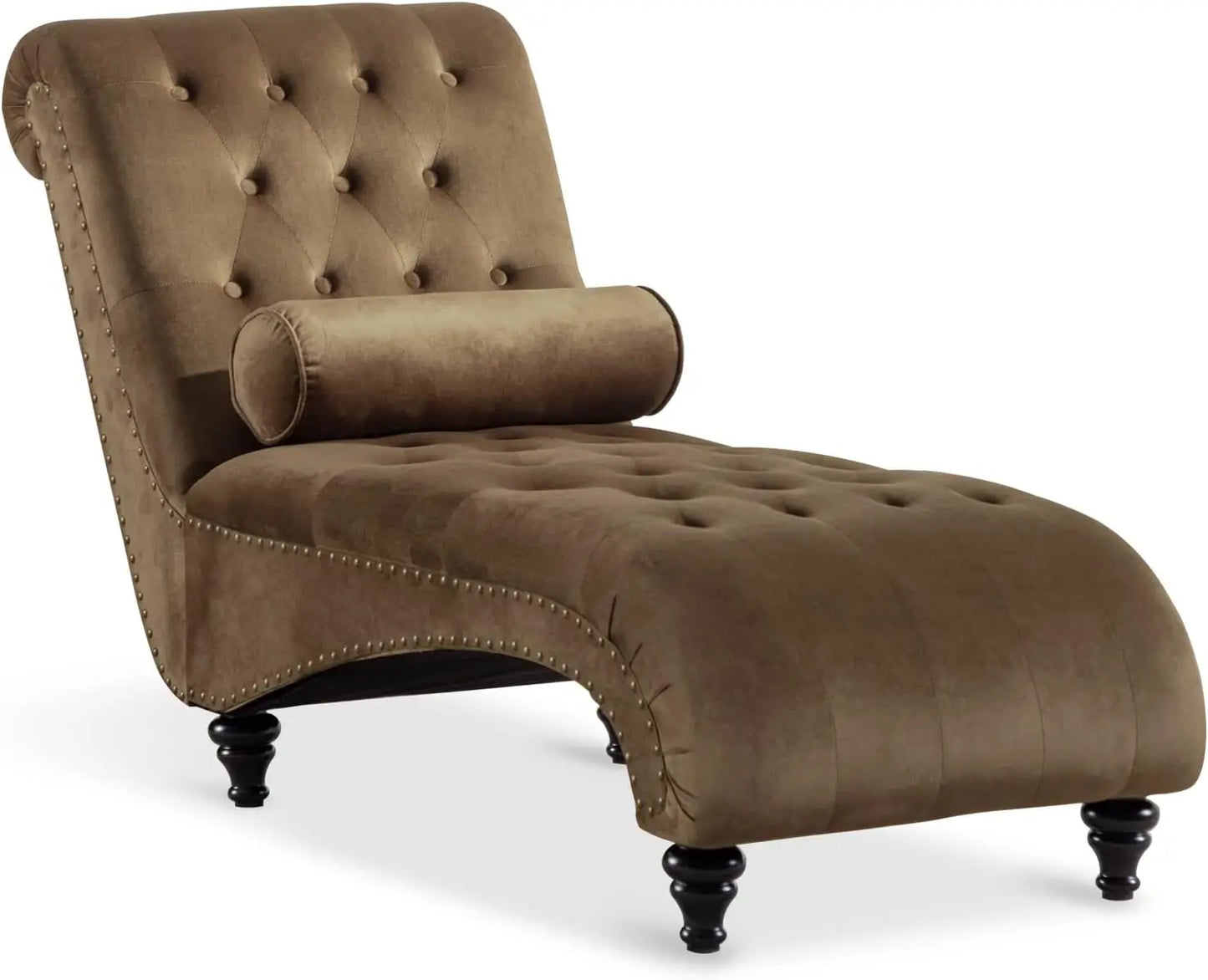 Velvet Button-Tufted Chaise Lounge Chair Leisure Sofa Chaise Chair w/Bolster Pillow, Nailhead Trim and Turned Legs Chaise Lounge