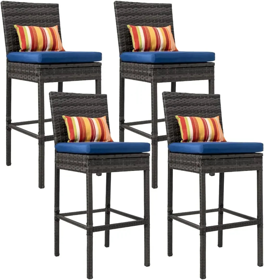 Bar Stools Set of 4, High Brown Rattan Chair with Pillow & Beige Cushion, All-Weather, Bar Chairs