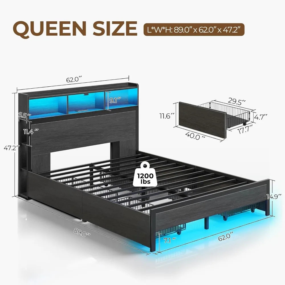 Bed Frame with Storage Headboard, Metal Platform Charging Station, LED 4 Drawers, Bookcase Storage, Easy Assembly Bed Frame