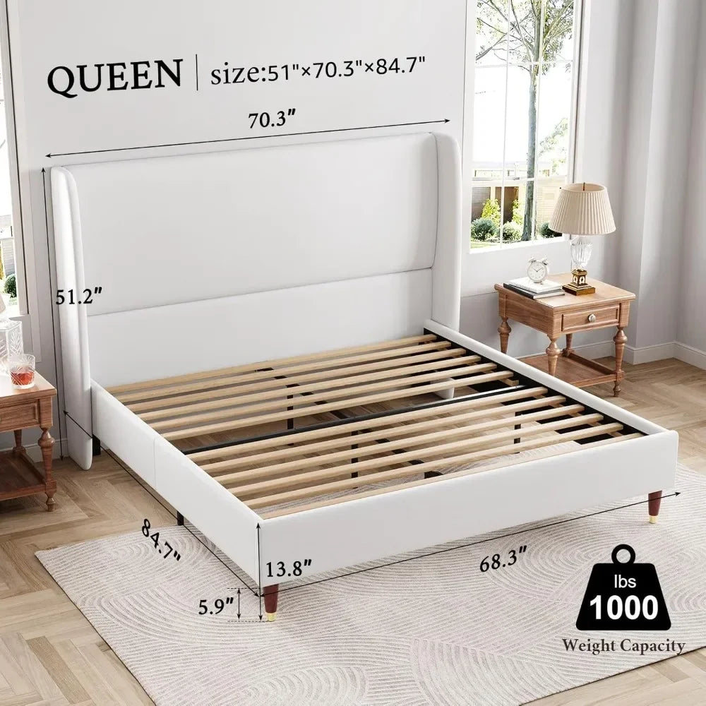 Upholstered Bed Frame Queen Size 51.2" High Platform Bed with Wingback Headboard/No Box Spring Needed Bed Frame