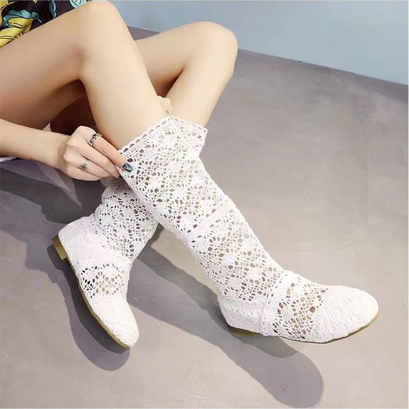 Women's spring high boots wool hollow boots fashion luxury brand summer white lace boots ladies hollow flat casual shoes