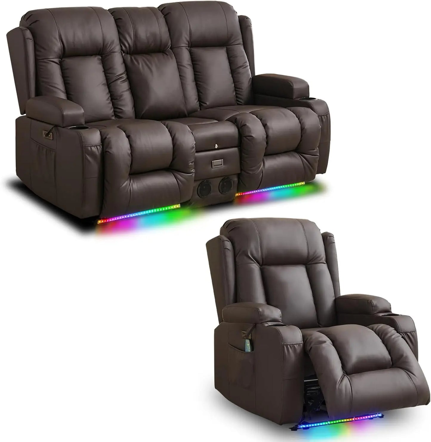 Power Loveseat Recliner Set - 67"Reclining+Single Power Recliner Chair,2-Seater Recliner Sofa with Console,4 Colors LED Strip