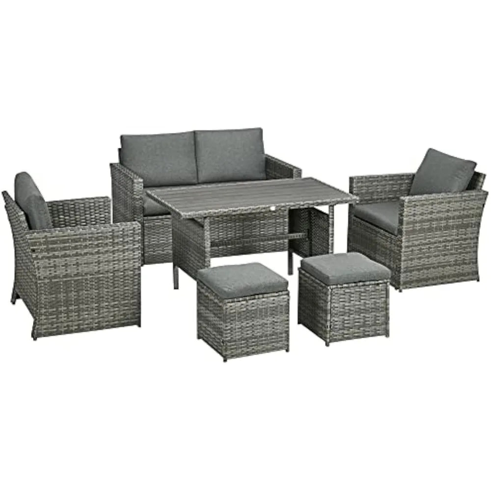 6 Piece Patio Sofa Set, with 2 Chairs Cushions & Outdoor Loveseat Sofa, Woodgrain Slatted Dinner Table, PE Rattan Furniture Set