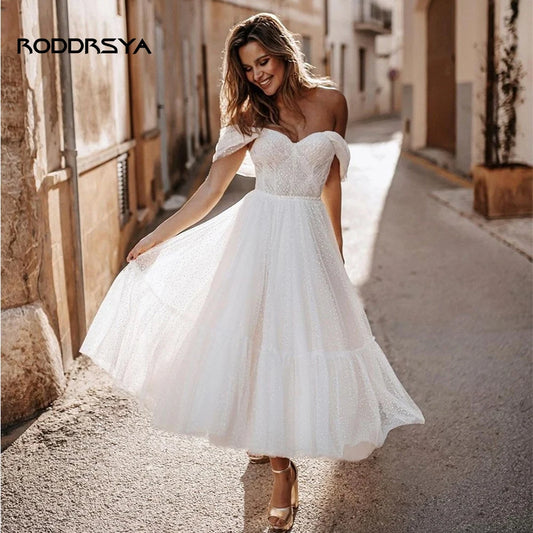 RODDRSYA Princess Short Wedding Dress Sweetheart Off The Shoulder Ankle Length Dot Tulle Bride Gown Backless  Vestidos De Novia