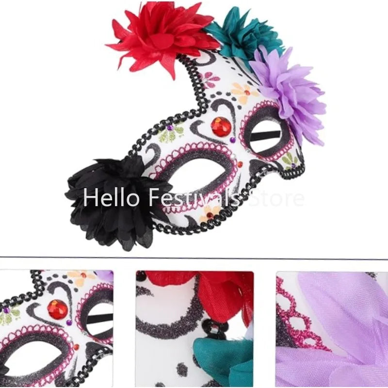 Day of The Dead Masks Masquerade Ball Halloween Cosplay Women Performance Party Accessories with Flower Ghost Mask for Men Kids