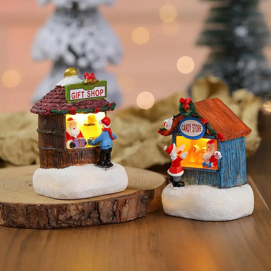 Mini Light-up Christmas Shop with Santa Christmas Winter Village House Ornaments Resin Desktop Figurine Holiday Home Decor