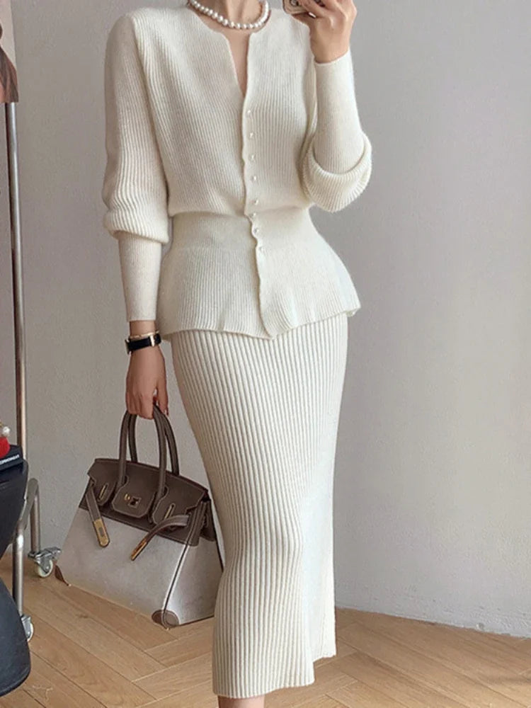 Two Piece Sets Womens Outifits Autumn/Winter Solid Single Breasted Knitted Cardigan Sweater Skirt New Two Piece Set Skirt Sets