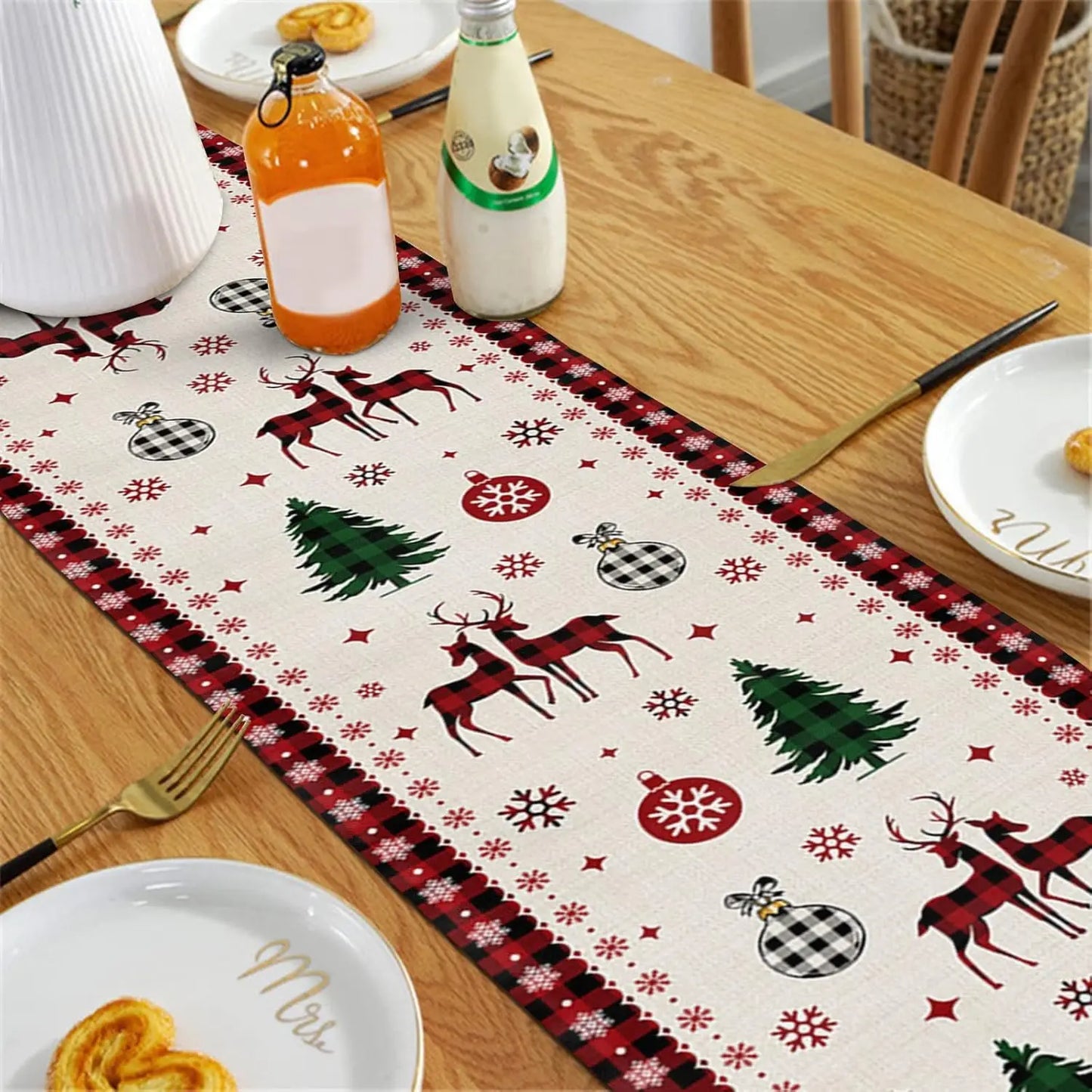 Christmas Balls Snowflakes Linen Table Runner Holiday Party Decor Winter Xmas Kitchen Dining Table Runner Christmas Decorations