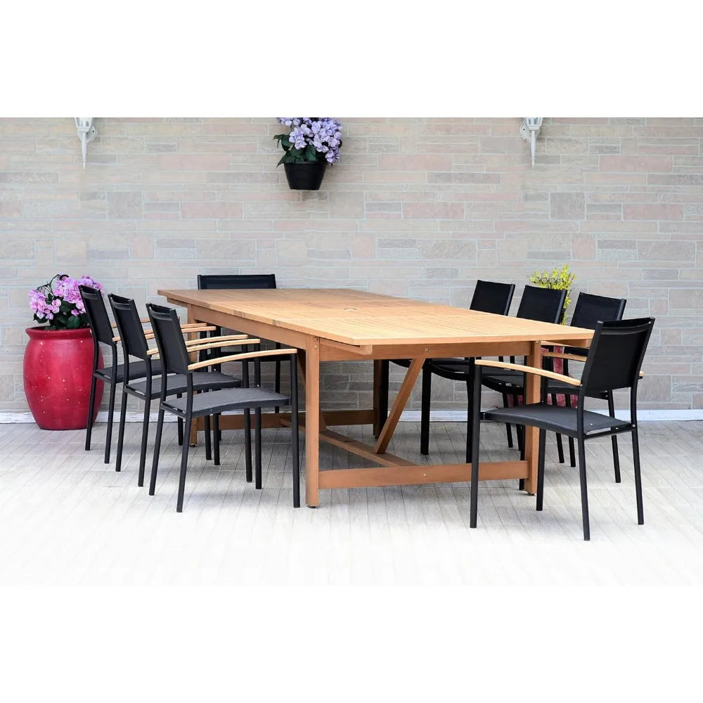 9Piece Patio Dining Set, Table and Sling Black Chairs| Durable, Ideal for Outdoors,Light Brown-Teak Finish,Garden Furniture Sets