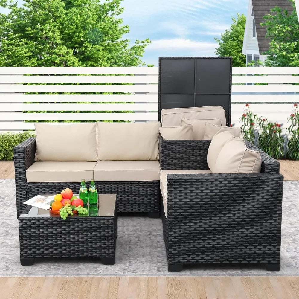 Patio Furniture, Set 4 Piece Black Rattan Sectional Sofa Conversation Couch Sets, Outdoor PE Wicker Patio Furniture Set 4 Piece