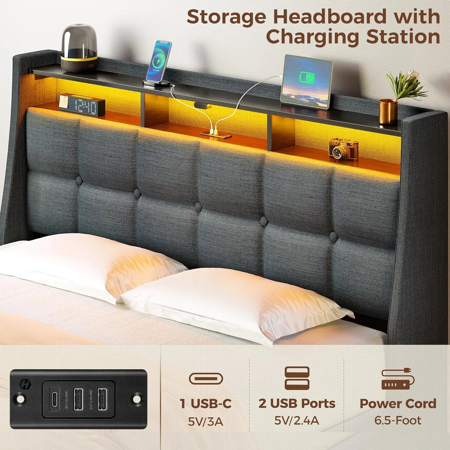 Full Size Bed Frame with LED Lights and Charging Station, Upholstered Bed Storage Headboard & Drawers, Heavy Duty Wood