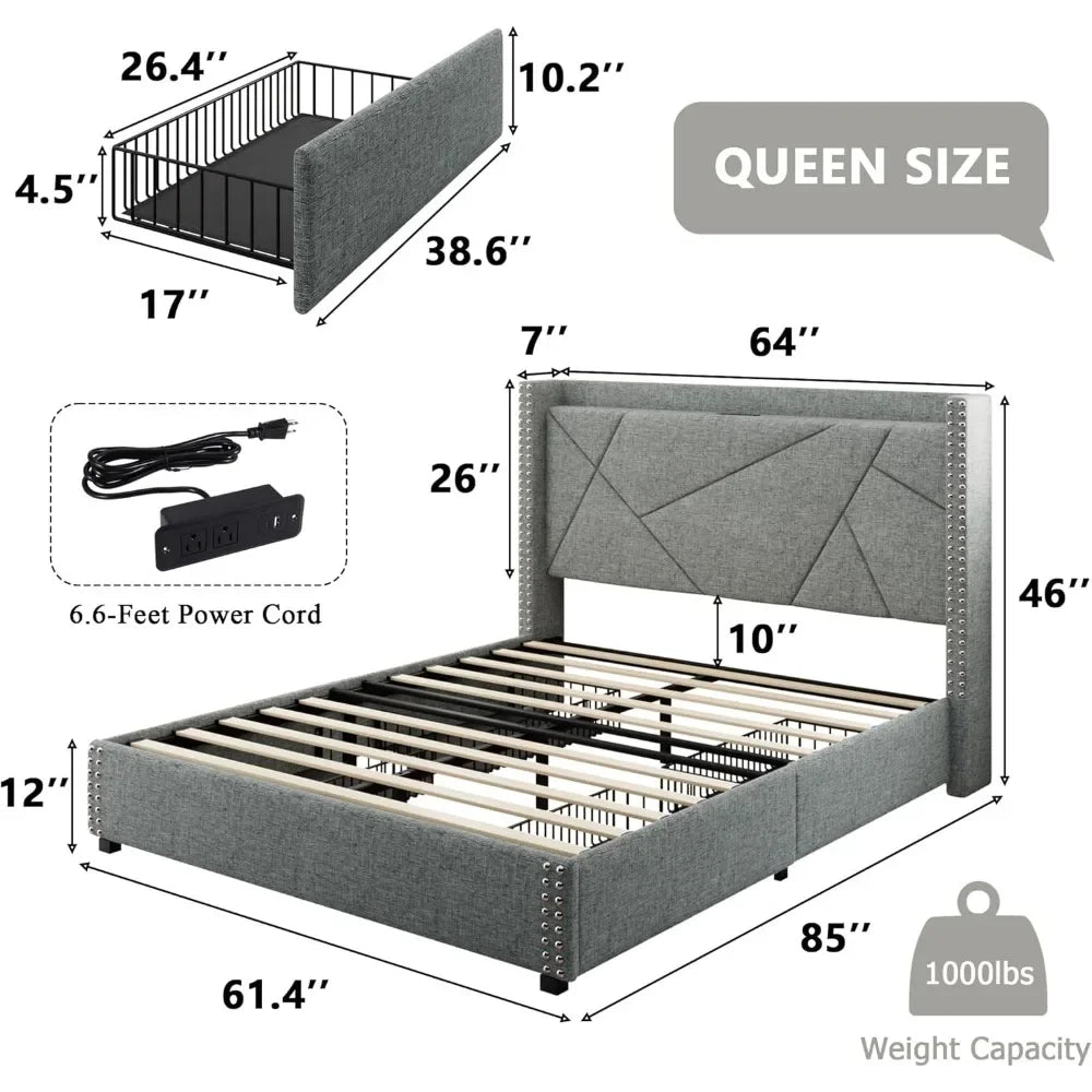 Queen Bed Frame with 4 Storage Drawers, Upholstered Platform Bed Frame with Charging Station & Wingback Headboard, Solid Wood