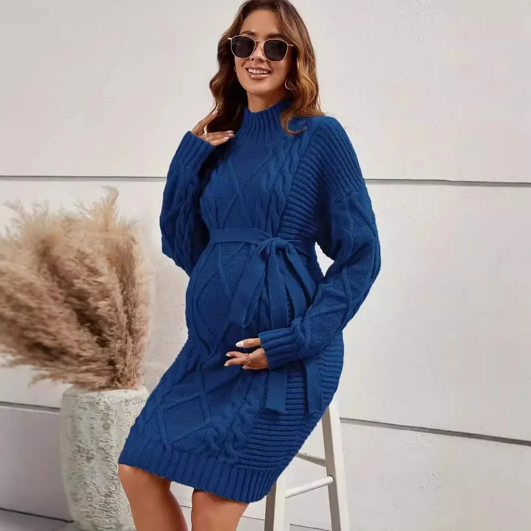 American Fashion Knitted Sweaters Dress for Maternity Autumn Winter Thick Warm Loose Straight Ties Slim Waist Clothes Pregnancy