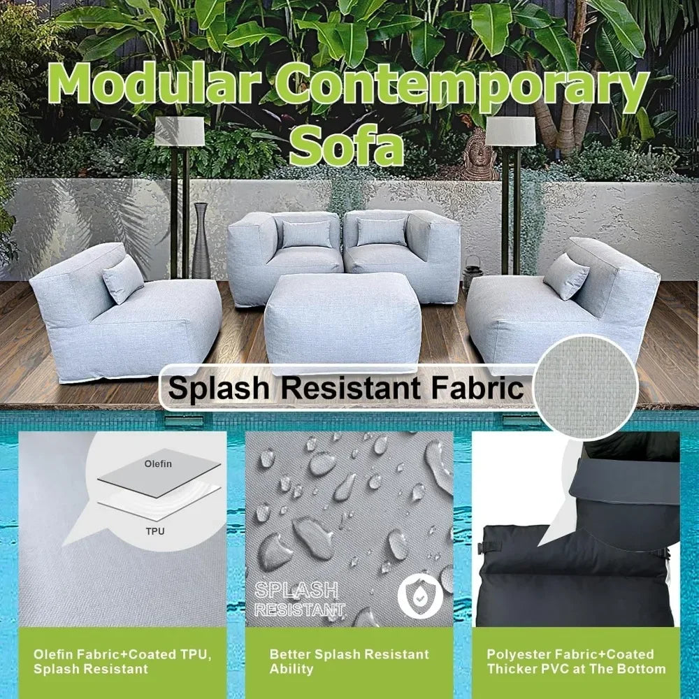 Beanbag Chair, 5Pc Outdoor Chair Segment Conversation Kit, High-density Foam Filled Sofa (light Gray), Outdoor Beanbag Sofa