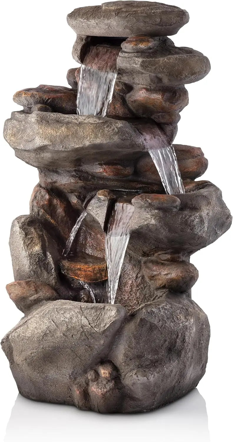 WIN316 4-Tiered Outdoor Floor Rock Water Fountain for Garden or Patio with Natural Stone Look, Light Gray