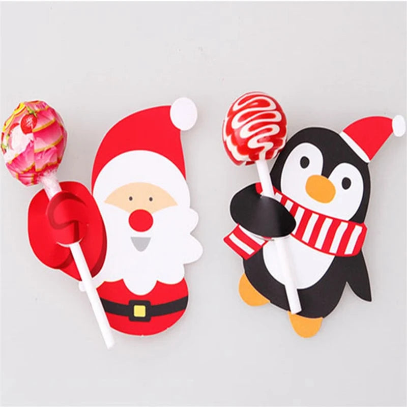 Christmas Lollipop Paper Cards Cartoon Santa Claus Penguin Snowman Kids Candy Gifts Package Wrapping New Year Party Decoration