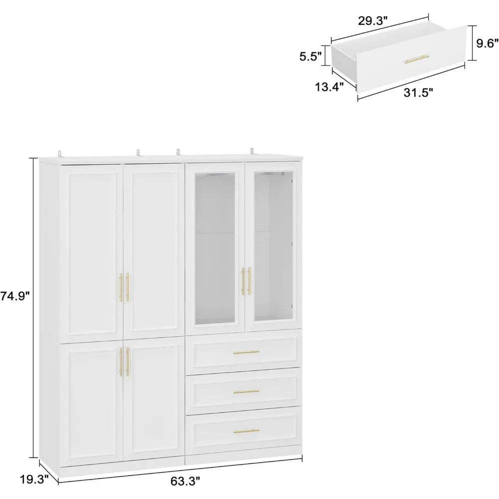 Wardrobe Armoire Dresser for Bedroom Clothing Organizer Wardrobe Armoire Closet With Glass Doors White Clothes Cabinet Warddrobe