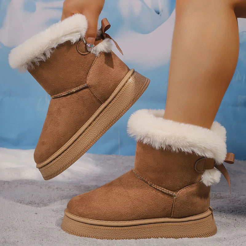 Winter Faux Suede Women Fluffy Snow Boots Warm Plush Platform Ankle Booties Woman Bow Slip On Cotton Boots 36-42