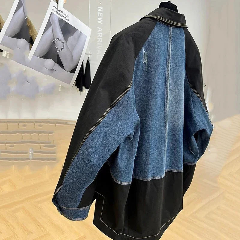 New Autumn Denim Jacket Coat Women Splicing Blazer Denim Outerwear Female Long sleeves Loose Jean Jacket Women windbreaker B268