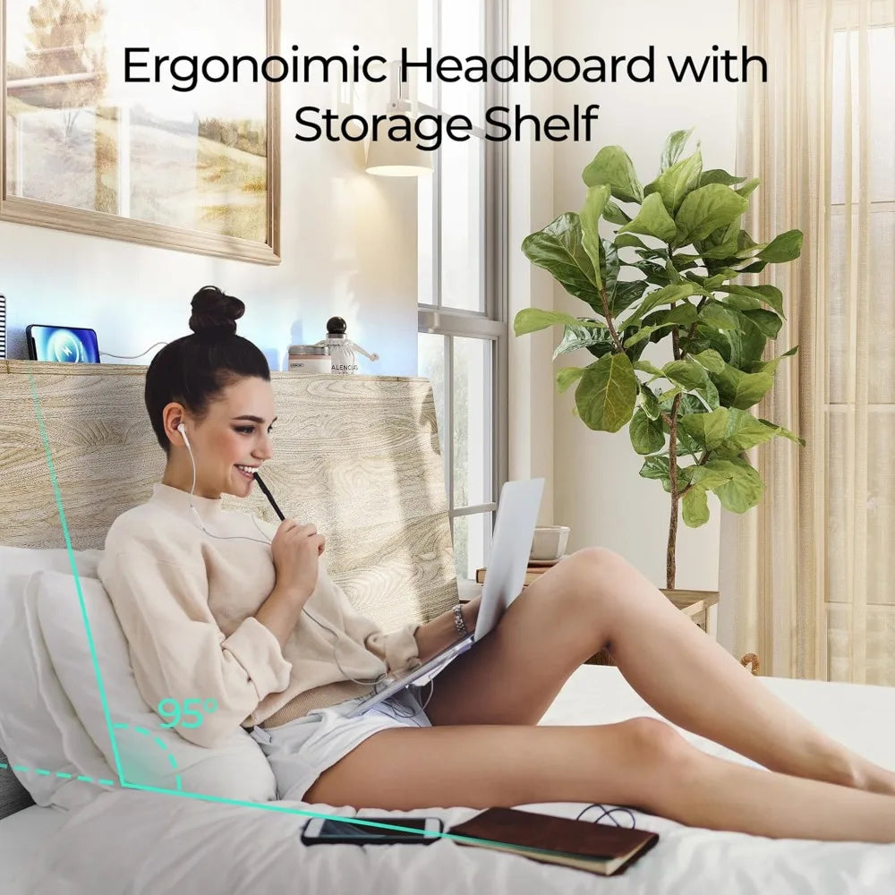 Wood Bed Frame with Ergonomic Headboard, RGB Lights, Outlets & Charger, Storage Shelf, Noise-Free, No Box Spring Needed