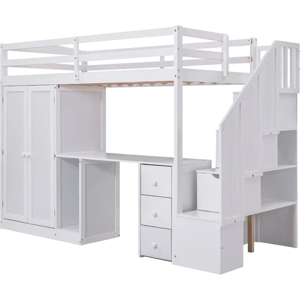 Loft Bed ,with Wardrobe,6 Storage Staircase, 3 Drawers and Cabinet, Twin Size Loft Beds for Family, Teens, Wood Bunk Bed Frame