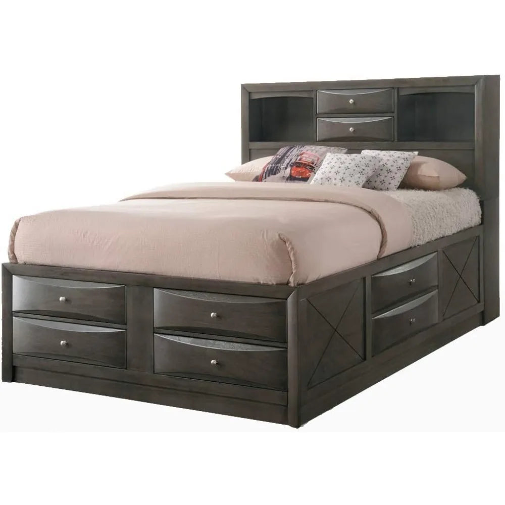 Full Bed with Storage, Solid Wood Full Size Bed Frame with Headboard Suitable for bedrooms, free shipping