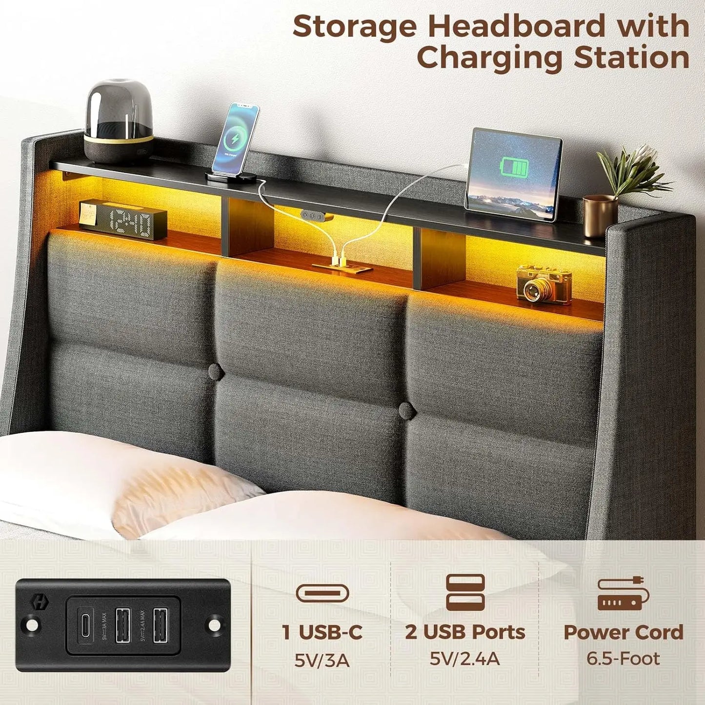 Twin Size Bed Frame with LED Lights and Charging Station, Upholstered Bed Storage Headboard & Drawers, Heavy Duty Wood