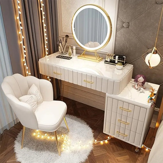 Vanity Desk, with 5 Storage Drawers, Stool and Organizers, Dressing Table with 3 Color Lighting Options, Vanity Desk Set