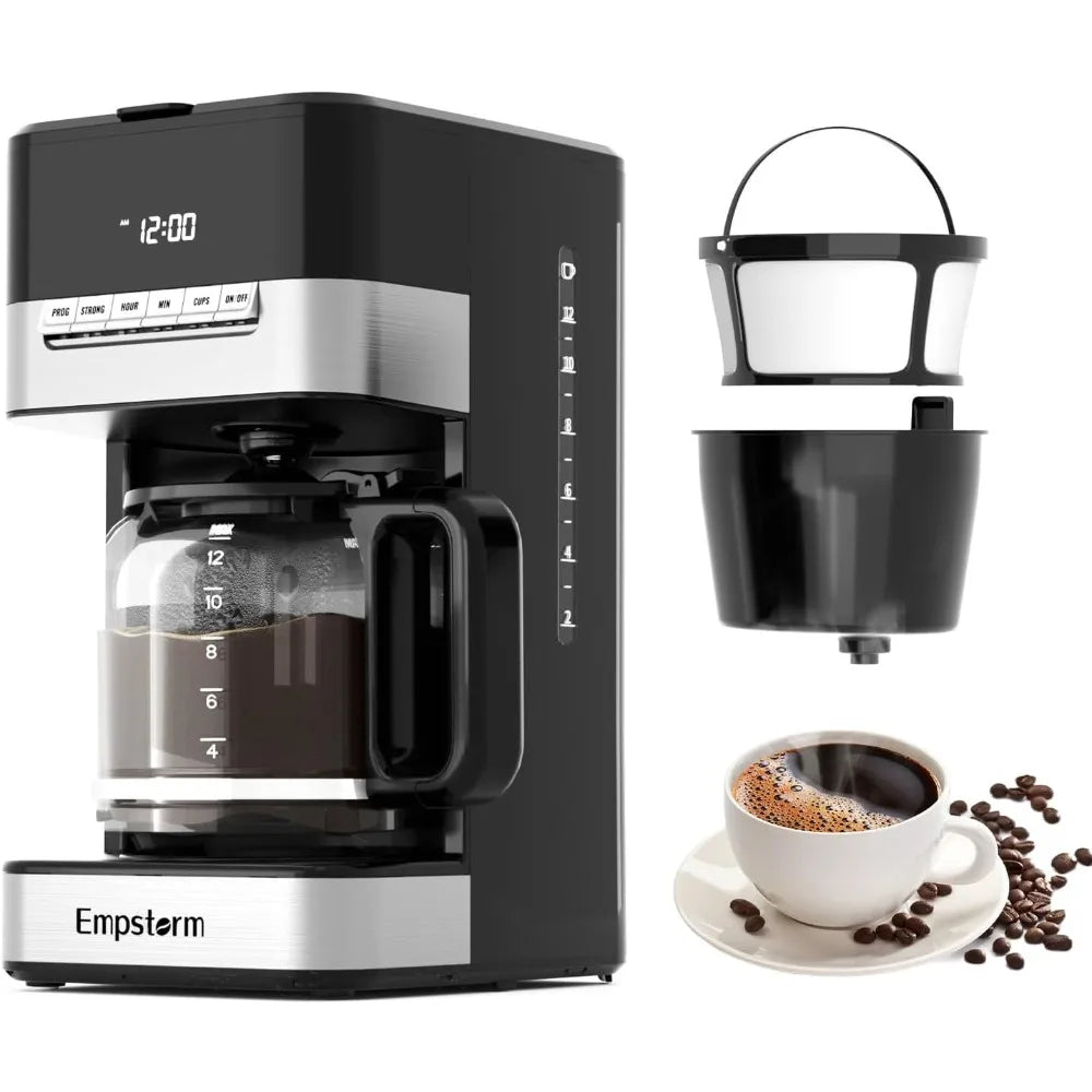 Programmable Drip Coffee Maker 4-12 Cup with Glass Carafe, 4-Hour Auto Shut Off & Keep Warm, Anti-Drip System, Strong Brew