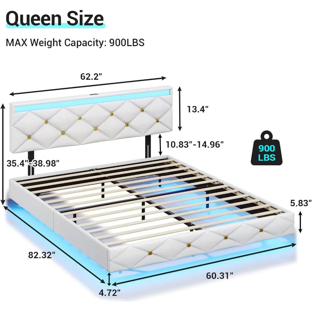 Floating Bed Frame with LED Lights and USB Ports Modern LED Bed Frame with Headboard Faux Leather Low Profile Platform Bed Frame