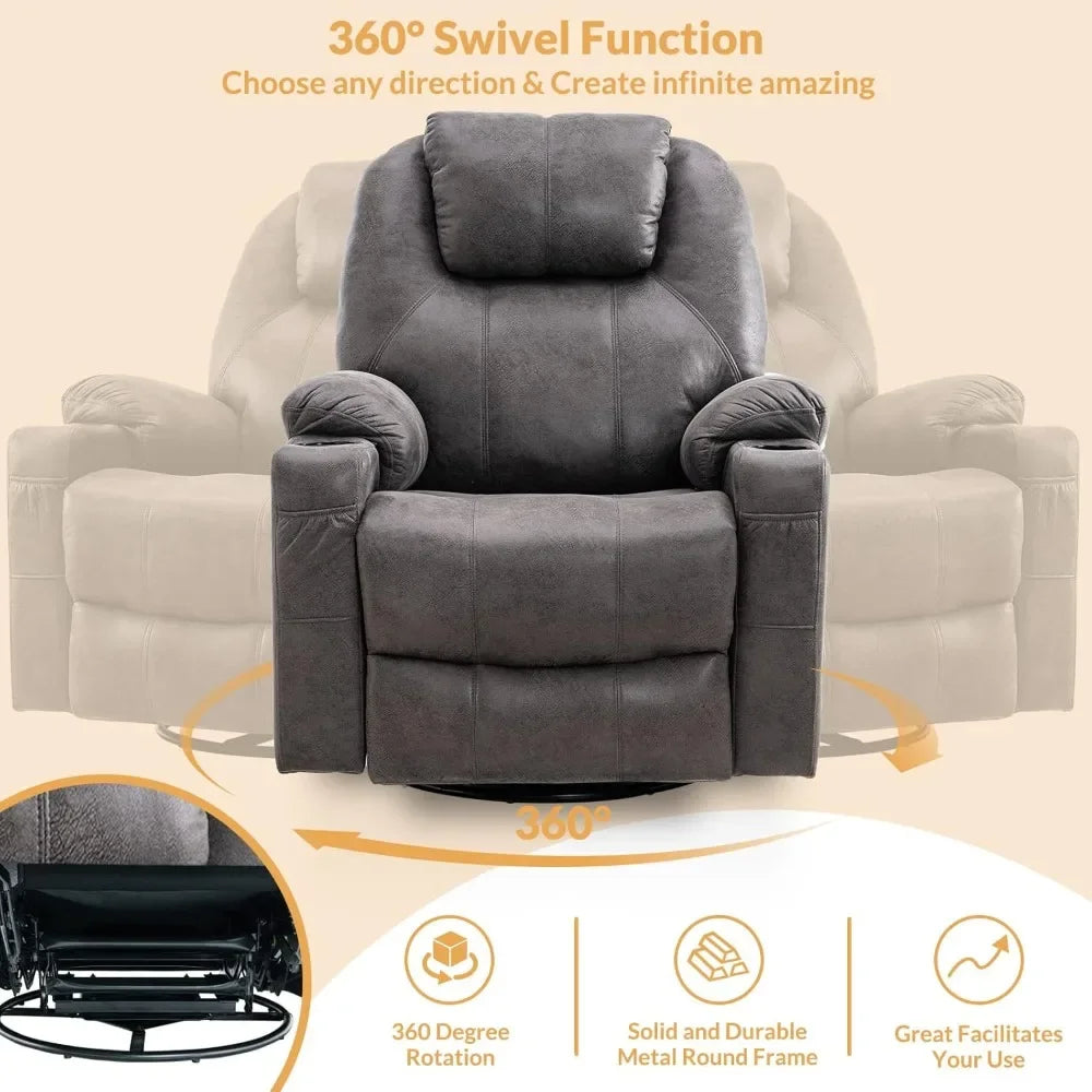 Swivel Rocker Recliner Chair Ergonomic Lounge Reclining Chair with 4 Pockets Cup Holders Remote Control，Gray，Living Room Chairs