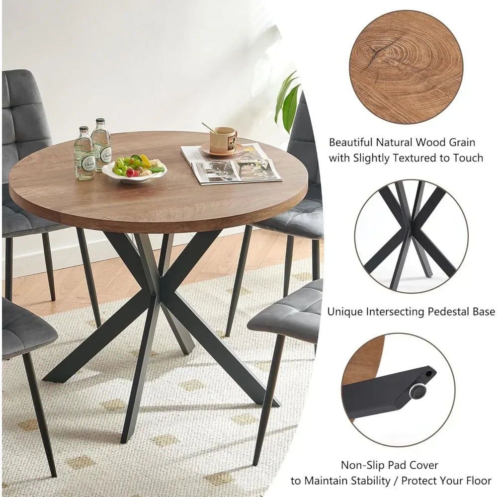 37" Round Dining Table MDF Faux Wood Tabletop, Grey Velvet Dining Chairs Upholstered Side Chair with Back