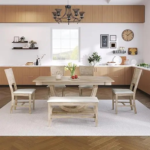 6 Piece Dining Table Set, with Long Bench and 4 Upholstered Dining Chairs, Modern Wooden Half Round Kitchen Table Set