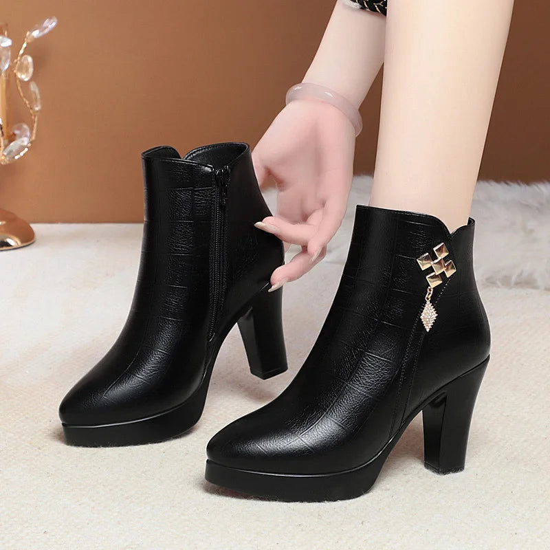 Women High Heels Soft Leather Ankle Boots Autumn Winter Platform Plush Boots Brand Fashion Point Toe Middle Heel Cotton Shoes