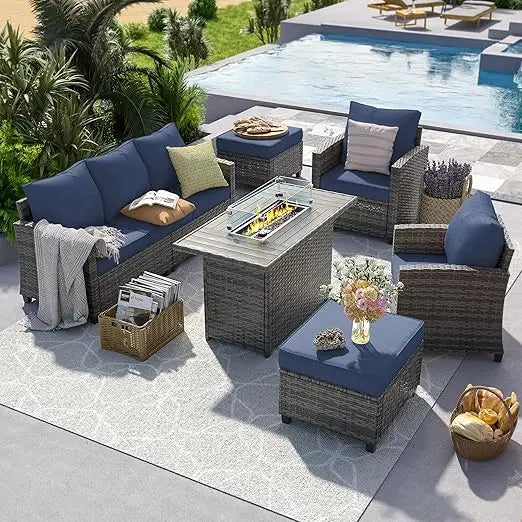 Outdoor Furniture Sets, with Fire Pit Table, 6 Pieces Outdoor All-Weather Wicker Rattan Sofa Ottoman,  Garden Furniture Sets