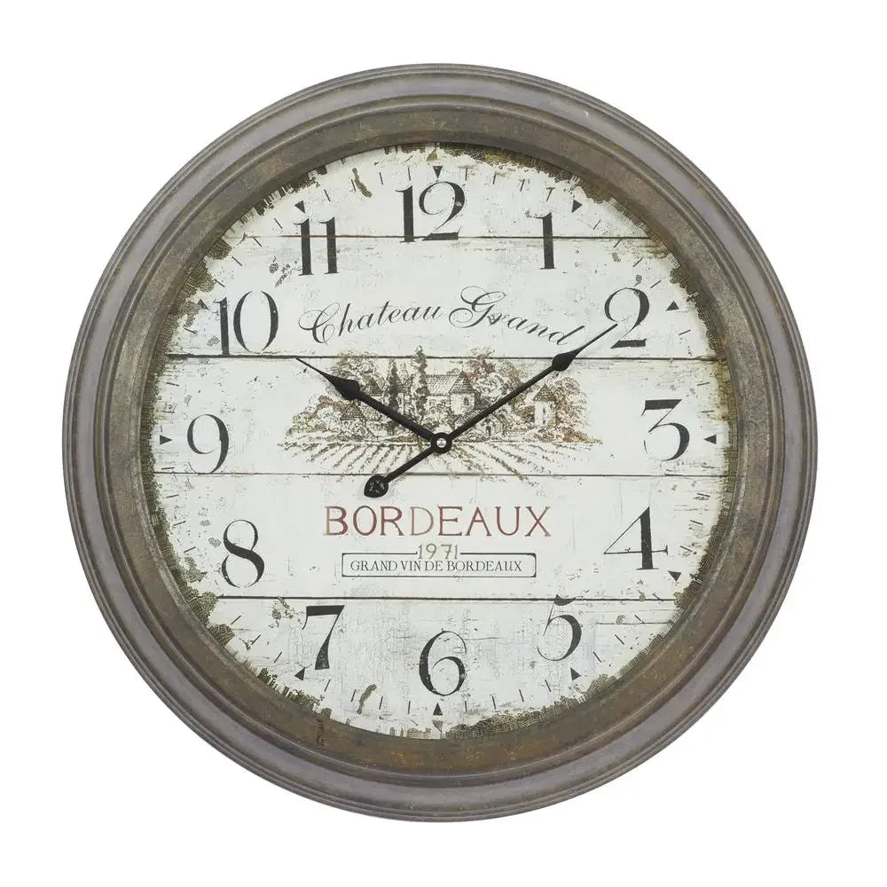 Vintage French-Inspired Metal Wall Clock with Bordeaux Theme Silent Quartz Mechanism 23" Diameter Romantic Nostalgia Antique