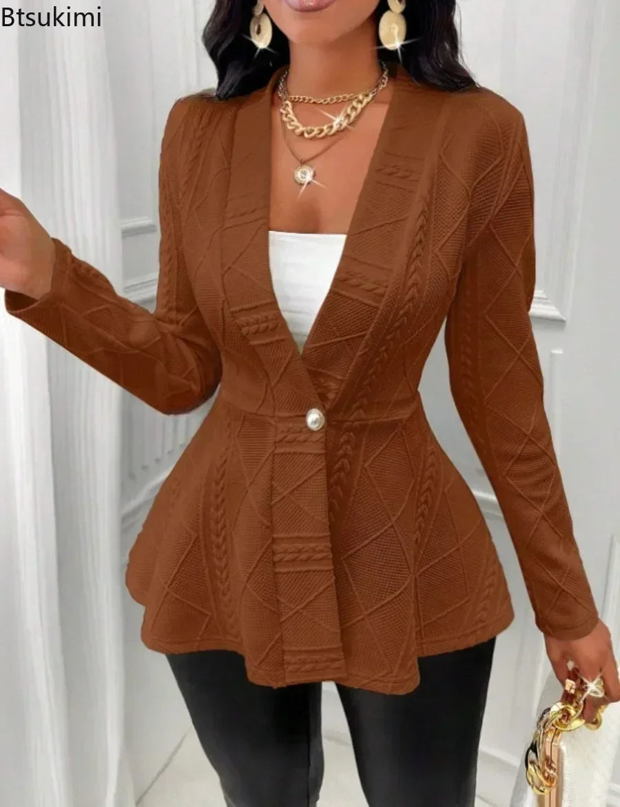 2025 Elegant Women Clothing Solid Jacquard Shawl Collar Long Sleeve Jackets Fashion Single Button Ruffle Cardigan Coat for Women