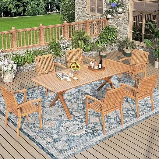 Acacia Wood Outdoor Dining Set, Expandable Dining Table(1.97" Umbrella Hole) and 6 Wooden Chairs, 7Pieces Patio Dining Table Set