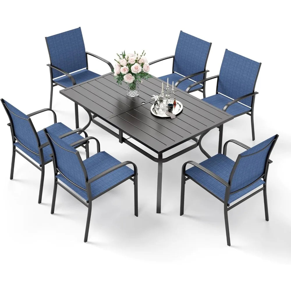 7 PCS Patio Dining Set, Outdoor Table Chairs, Large Table with Double Umbrella Hole for Backyard, Patio Table and Chairs Set