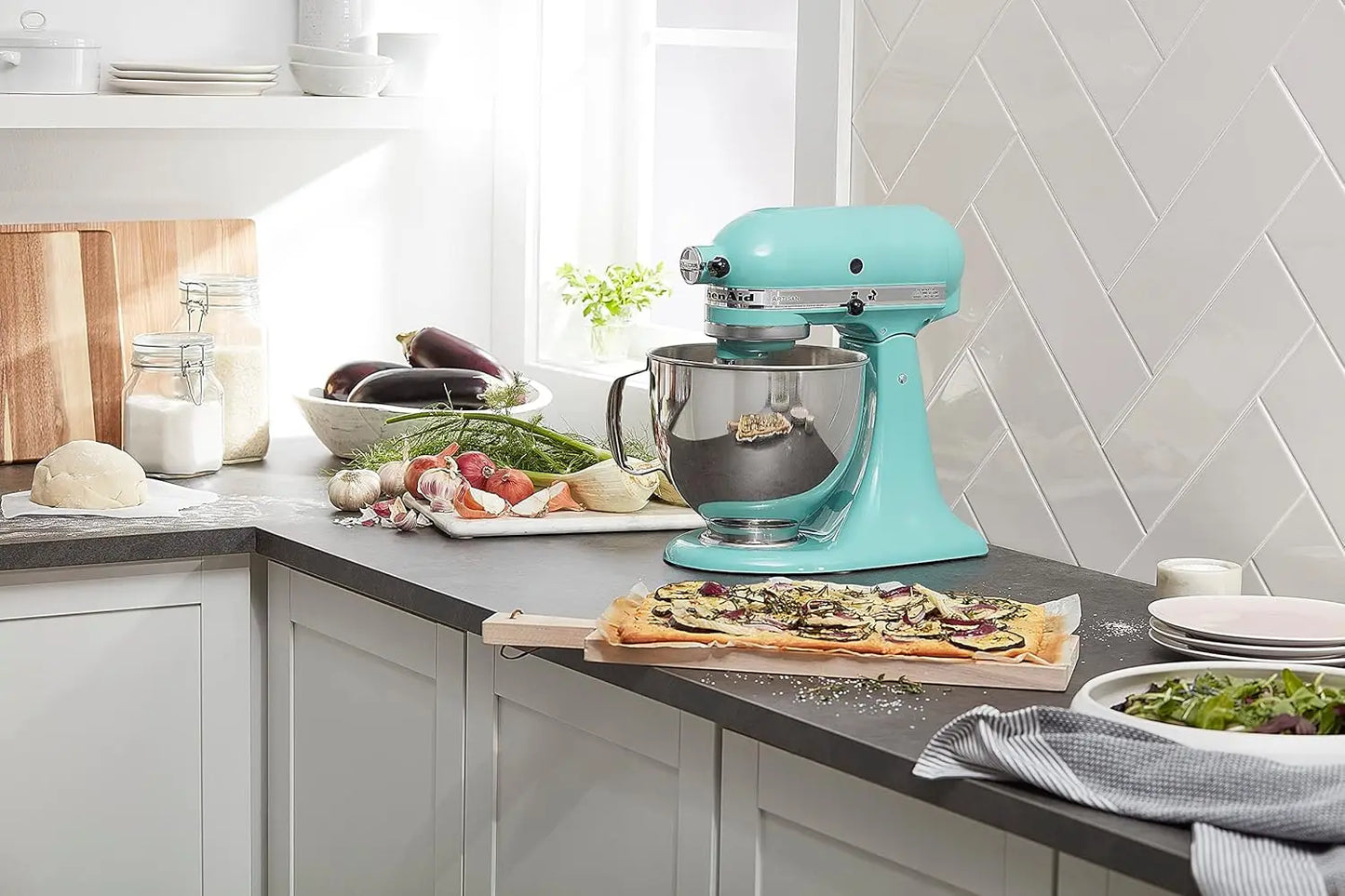 Series 5 Quart Tilt Head Stand Mixer with Pouring Shield KSM150PS, Removable bowl, Aqua Sky