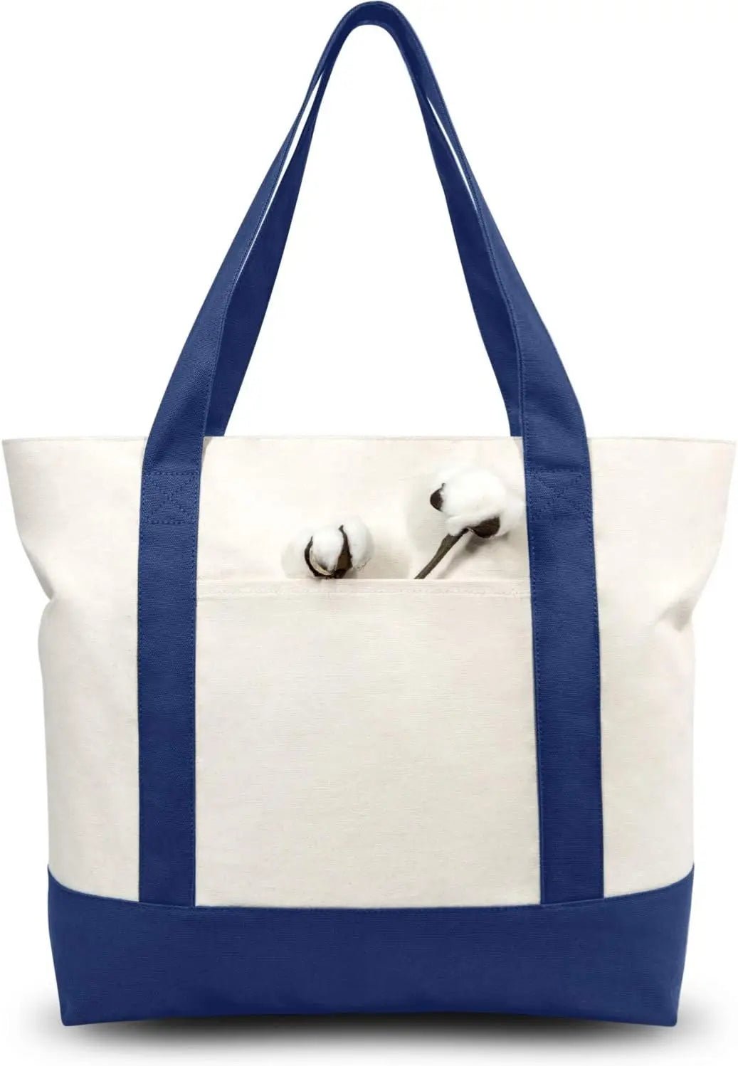 30-Pack Stylish Canvas Tote Bag with an External Pocket, Top Zipper Closure, Daily Essentials (Blue/Natural)