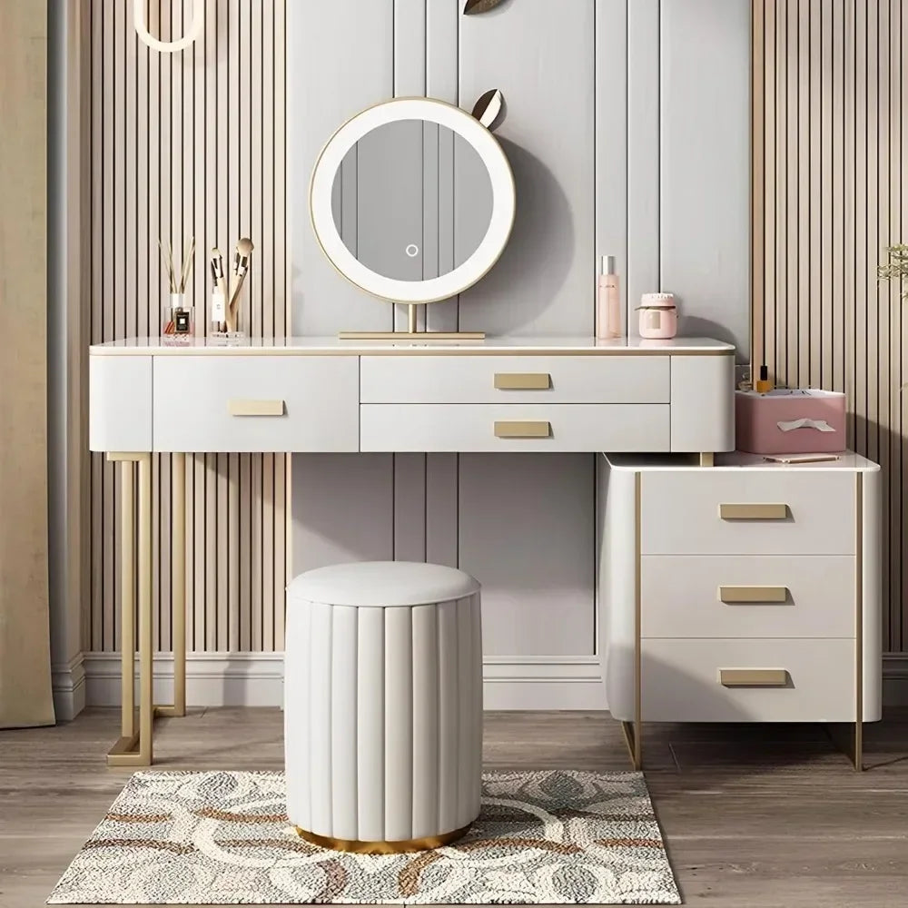 Vanity Desk with Side Cabinet and 6 Solid Wood Drawers, Tempered Glass Desktop Dressing Table, Vanity Desk