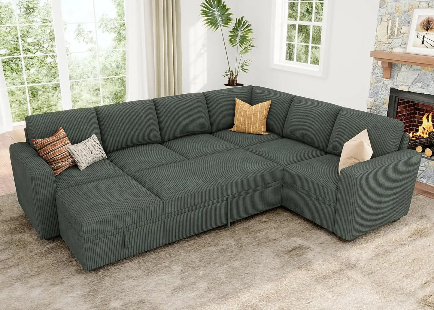 Sleeper Sofa with Pull Out Bed, Corduroy L Shaped Couch with Storage Seats, Convertible Sectional Couches for Living Room, Green