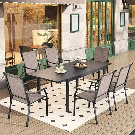 Outdoor Patio Dining Set ,6 Brown Textilene Chairs with 1.61"~2" Umbrella Hole, Outdoor 7pcs Patio Furniture Sets