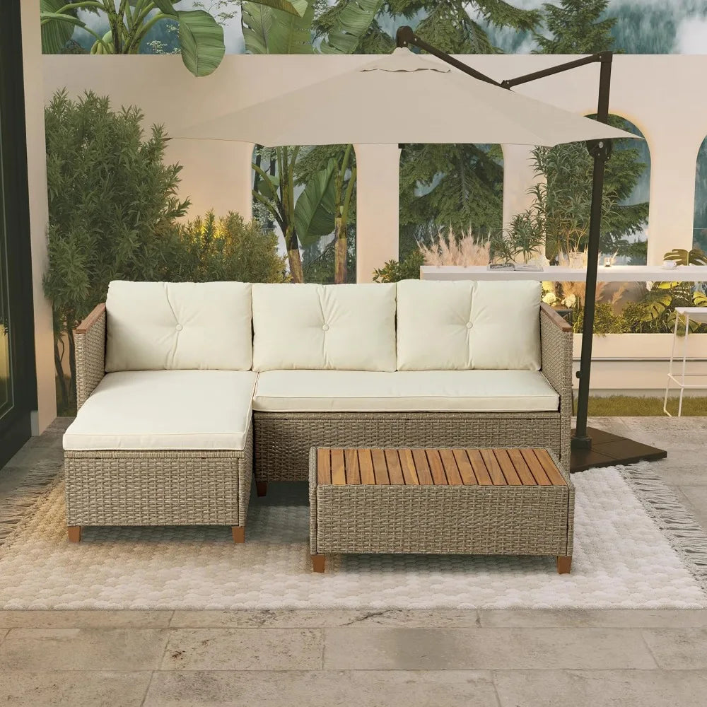 Patio Furniture Set, All Weather Rattan Wicker Conversation Set with Acacia Wood Coffee Table, 3 Piece Outdoor Sectional Sofa