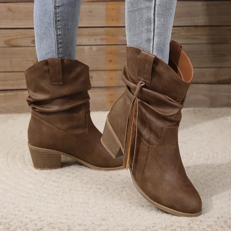 Women Vintage Brown Western Cowboy Boots Autumn Winter  Tassel PU Leather Ankle Booties Ladies Pleated High-heeled Mid-calf Boot