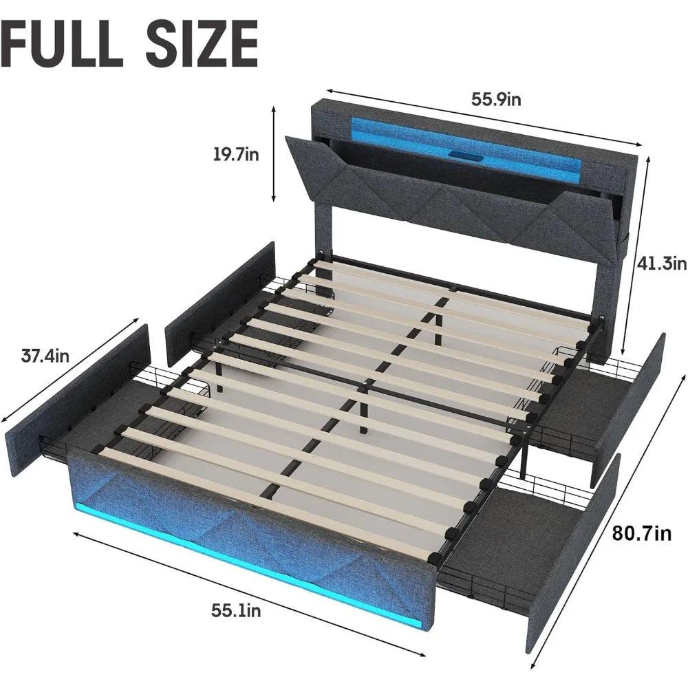 Full Size Bed Frame with Storage Headboard and 4 Drawers,Upholstered Platform with Charging Station and Led Lights